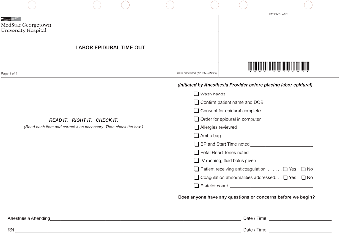 Example Of The Labor Epidural Time Out Checklist - Epidural Anesthesia Checklist (698x483), Png Download
