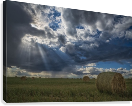 Sunlight Breaks Through The Storm Clouds Over A Field - Printscapes Wall Art: 36" X 24" Canvas Print With Black (429x344), Png Download