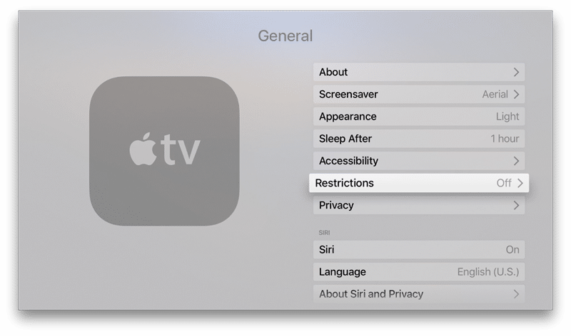 Enable Restrictions Apple Tv 4th Generation - Apple Tv 4k Settings Menu (800x472), Png Download