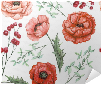 Seamless Pattern Of Watercolor Poppies, Herbs And Little - Watercolor Painting (400x400), Png Download