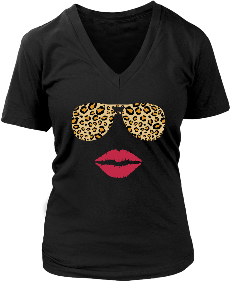 Leopard Sunglasses & Red Lips Womens T Shirt V Neck - Statement Shirt About Pharmacist (900x900), Png Download