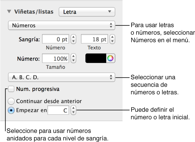 Controles Para Formatear Los Números Y Las Letras De - Viñetas En Pages (698x492), Png Download