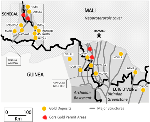 Cora Gold Permits & Deposits - Gold Areas In Guinea (524x443), Png Download