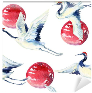 Watercolor Asian Crane Bird Seamless Pattern Wall Mural - Grue Asiatique (400x400), Png Download