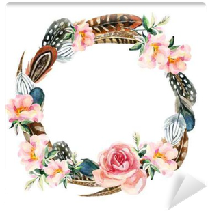 Watercolor Wreath With Bird Feathers And Flowers Wall - Couronne De Fleur Et Plumes (400x400), Png Download