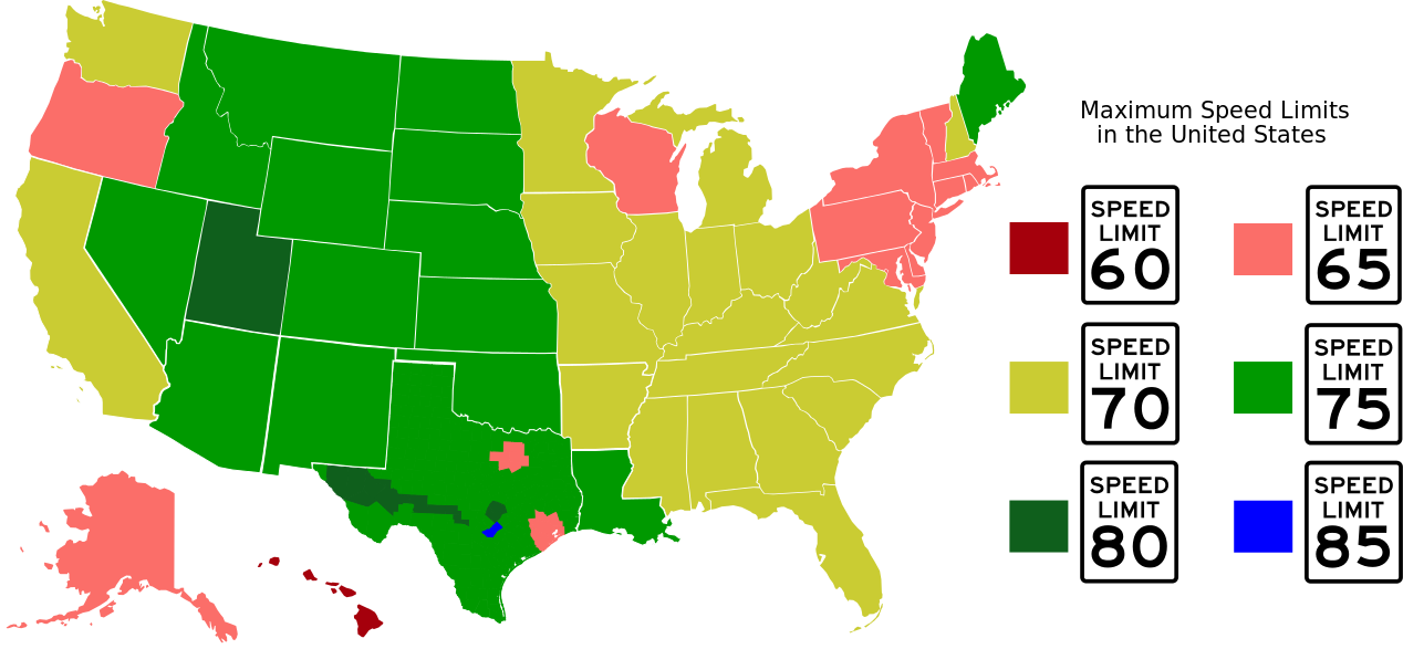 Us State Speed Limits Map - John F. Kennedy Library (1268x587), Png Download