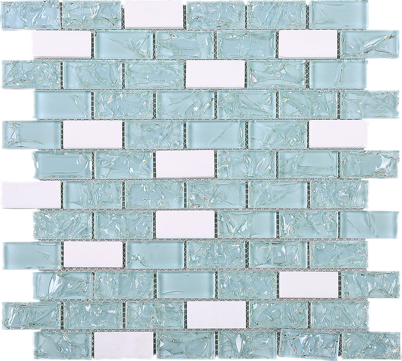 Green & White Brick Pattern Glass & Marble Mesh Mounted - Marble (800x717), Png Download