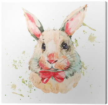 Cute Watercolor White Rabbit With Red Bow Canvas Print - Watercolor Painting (400x400), Png Download