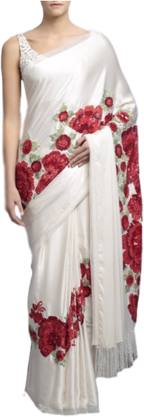 Designer Saree In Ivory Color With Floral Embroidery - White Saree Online India (545x600), Png Download