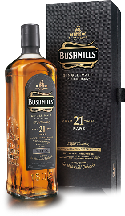 Bushmills 21 Bottle With Gift Box - Bushmills 21 Year Old Single Malt Whiskey (406x700), Png Download