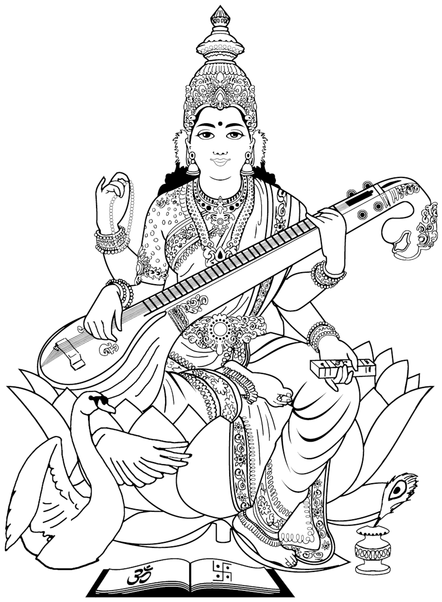 Lakshmî Es La Diosa De La Riqueza Y Del Amor - Saraswati Mata Black And White (900x1225), Png Download