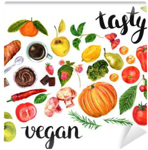 Set Of Watercolor Foods With Handwritten Words 'tasty', - Veganism (400x400), Png Download