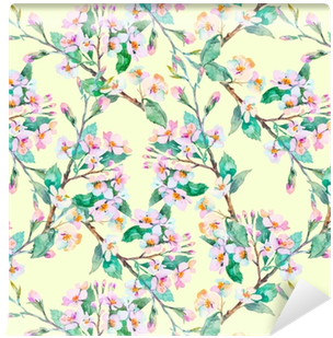 Spring Pattern - Flowering Branches - Watercolor - - Capa Para Almofada Pássaros (400x400), Png Download