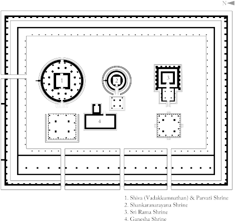 Layout Of Sanctum Sanctorums In Vadakkumnatha Temple - Vadakkunnathan Temple Thrissur Plan (500x465), Png Download