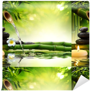 Spa Stones In Garden With Flow Water Wallpaper • Pixers® - Wall26 - Rocks And Flowers Over Bamboo Branches Sticker, (400x400), Png Download