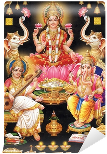 Indian Godess Maa Lakshmi With Maa Saraswati And Ganesh - Indian Goddess Maa Laxmi With Lord Ganesha Poster Painting (400x400), Png Download