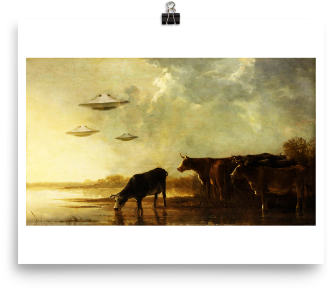 Saucers And Cattle - River Landscape With Cows (1000x1000), Png Download
