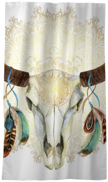 Watercolor Cow Skull With Feathers Blackout Window - Steer Skull With Feathers (400x400), Png Download
