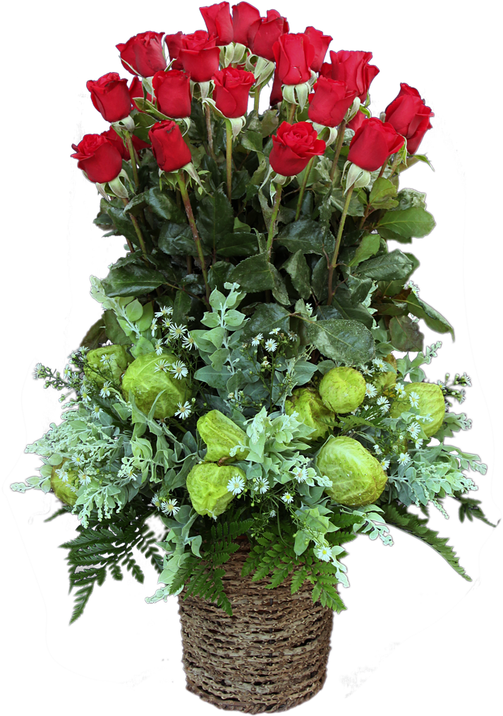 Round Kithul Basket With 25 Red Roses - Garden Roses (800x1039), Png Download