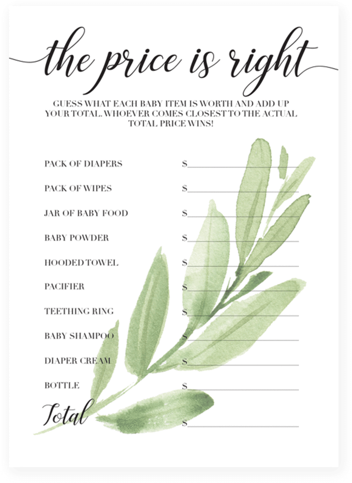 Whimsical Baby Shower Price Is Right Game - Greenery Baby Shower Games (819x1024), Png Download