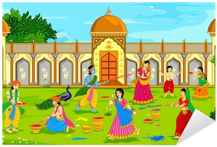 Radha Krishna Playing Holi Sticker Pixers We Live To - Kids Playing Holi Vector (400x400), Png Download
