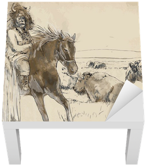 Indian Riding A Horse, Watching Buffalo - Drawing (400x400), Png Download