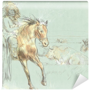 Indian Chief Riding A Horse, Watching Buffalo Herd - Horse (400x400), Png Download