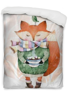 Cute Little Fox Just Like To Drink Hot Coffee - Winston Porter Belby Cute Fox And Bird Shower Curtain (400x400), Png Download