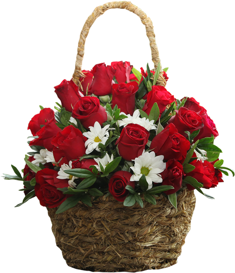 Basket Arrangement With 30 Red Roses - Basket Flower Bouquet Images Png (800x934), Png Download