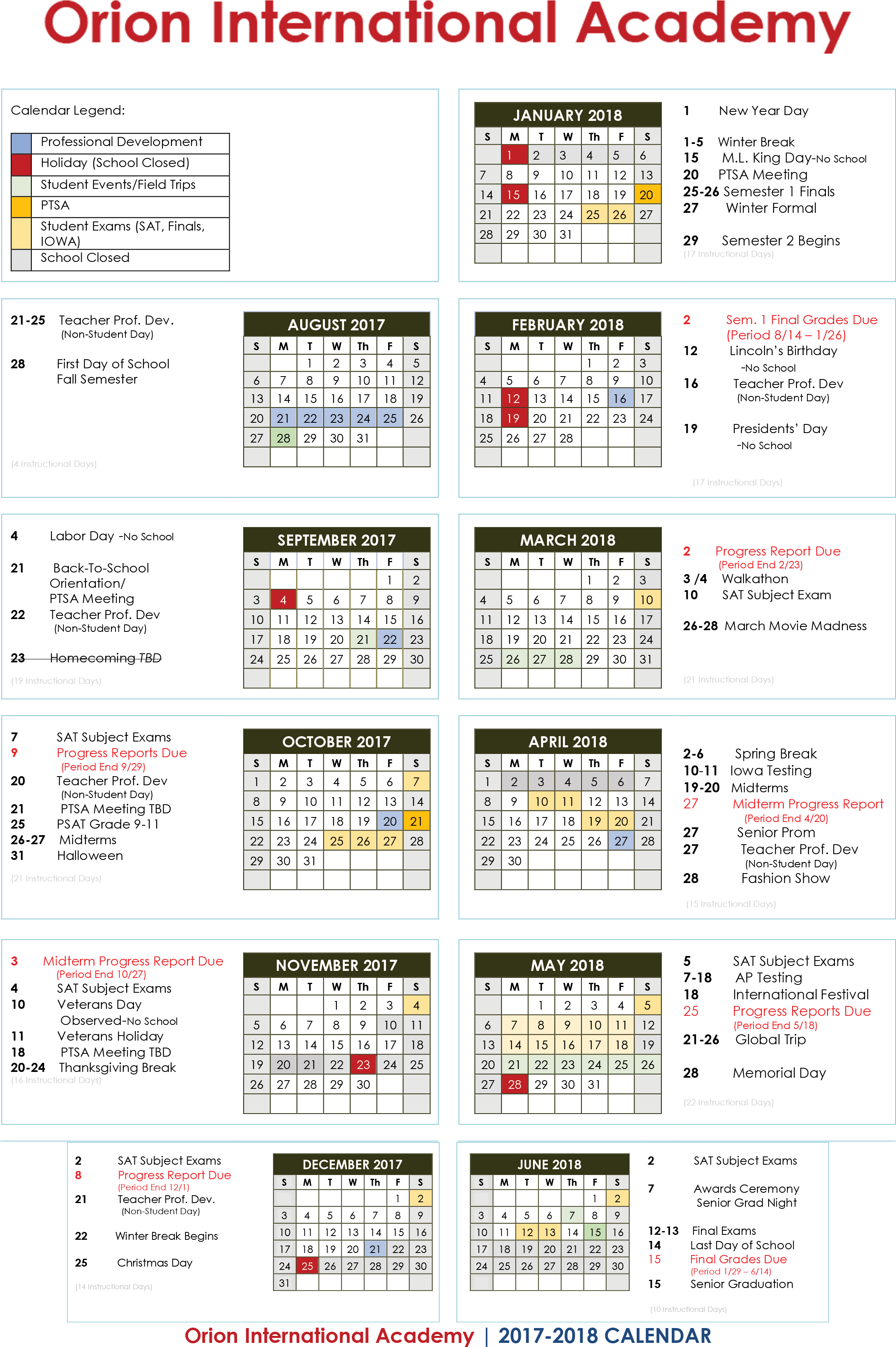 Orion International Academy Calendar 2018 - School (2172x3400), Png Download