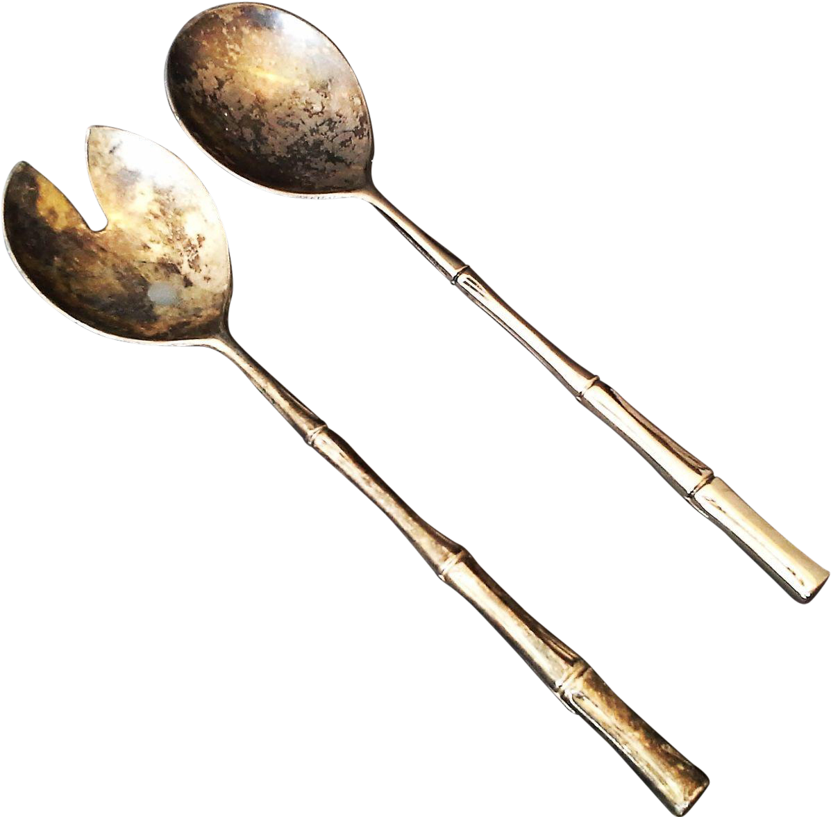 Silverplate Salad Servers Fork Spook Bamboo Handles - Bamboo Silver Plated Serving Spoon And Fork (1196x1196), Png Download