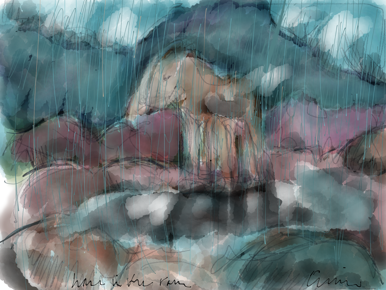 Horse In Rain - Painting (1333x1000), Png Download