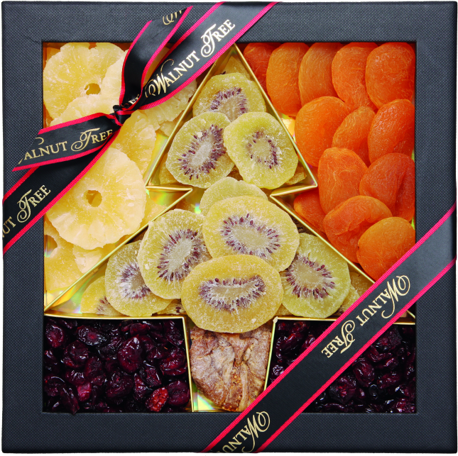 Black & Gold Box With A Tree Design Filled With A Selection - Fruit (1200x800), Png Download