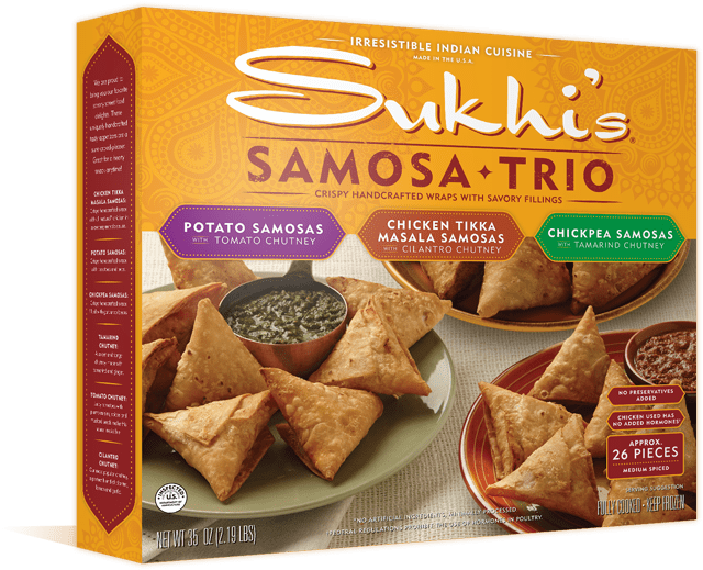 Samosa Trio - Sukhi's Chicken Samosas - 7 Oz Box (640x519), Png Download