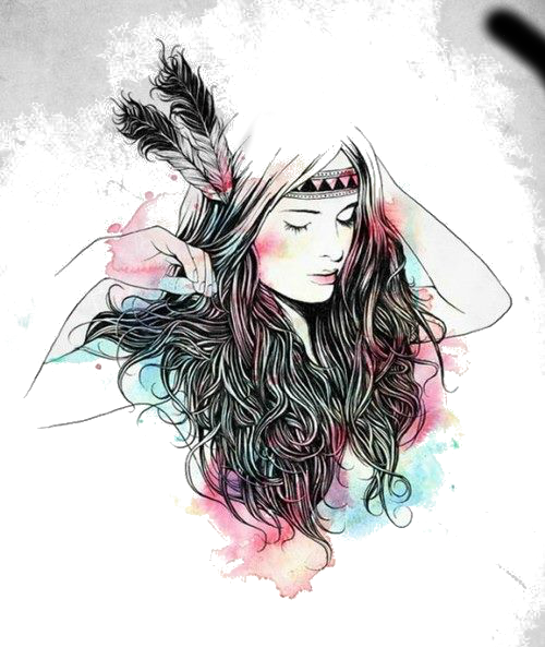 Native American Girl Drawing With Water Color In It - Indian Woman Stainless Steel Travel Mug (500x593), Png Download