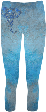 A Blue Watercolor Elephant Portrait In Denim Look Capri - Leggings (500x500), Png Download