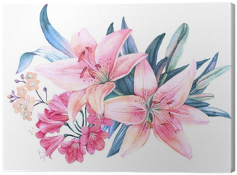 Pink Lily Flower Watercolor Bouquet Canvas Print • - Lírio Aquarela (400x400), Png Download