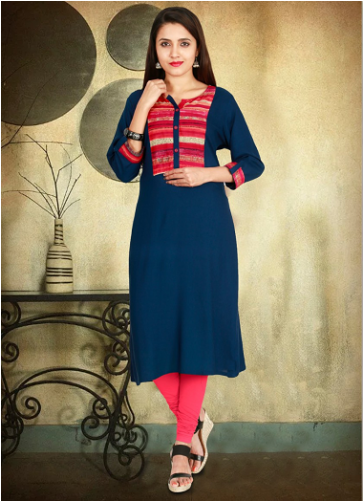 Indijoy Kurta Blue With Red Pattern On Neck - Blue (500x500), Png Download