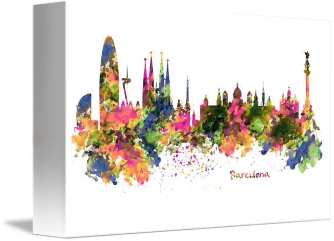 "barcelona Watercolor Skyline" By Marian Voicu - Barcelona Skyline Watercolor Black And White (650x470), Png Download