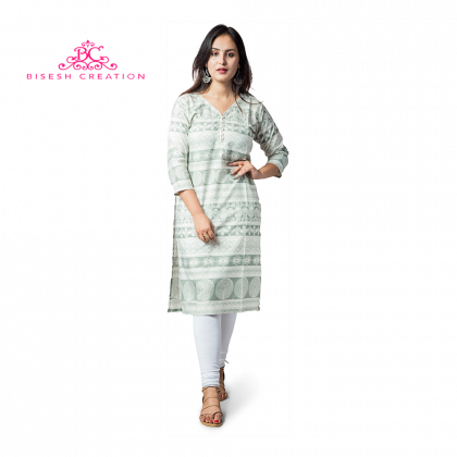 Off White Printed Pure Cotton Kurti With Cotton Leggings - Kurti Top (420x420), Png Download