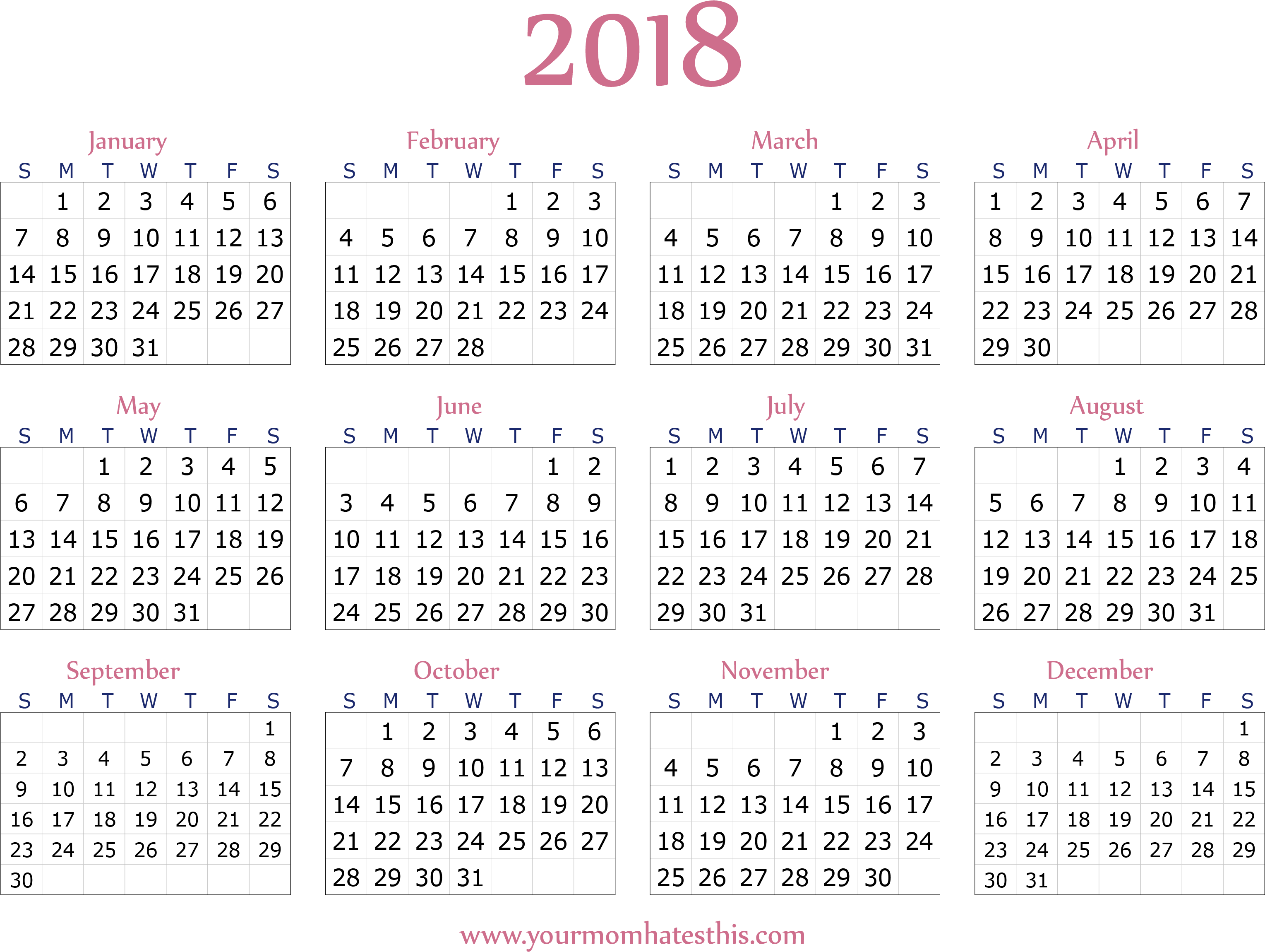Pink 2018 Calendar Sample - Calendario Fecha Juliana 2018 (3056x2374), Png Download