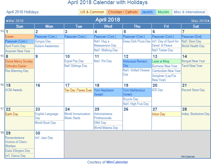 April 2018 Printable Calendar With Us Holidays Including - December 2018 With Holidays (720x568), Png Download