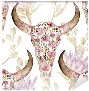 Watercolor Seamless Pattern With Skull In Flowers, - Watercolor Painting (400x400), Png Download