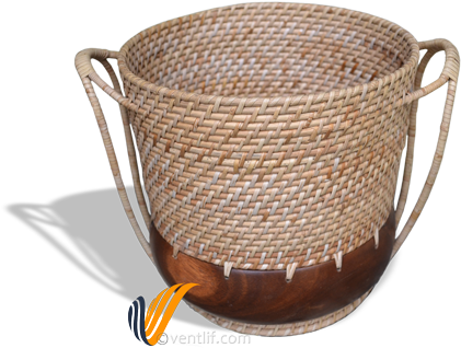 Rattan Flower Basket With Wooden Bowl Base - Basket (500x331), Png Download
