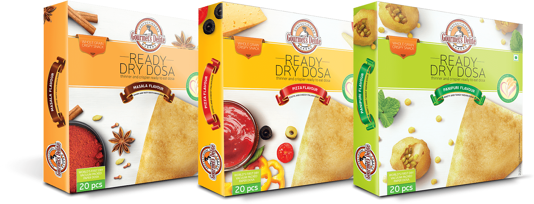 Ready To Eat Snacks Packaging Design For The Indian - Gourmet's Delite Ready To Eat Dry Dosa, Pizza, 130g (1900x950), Png Download