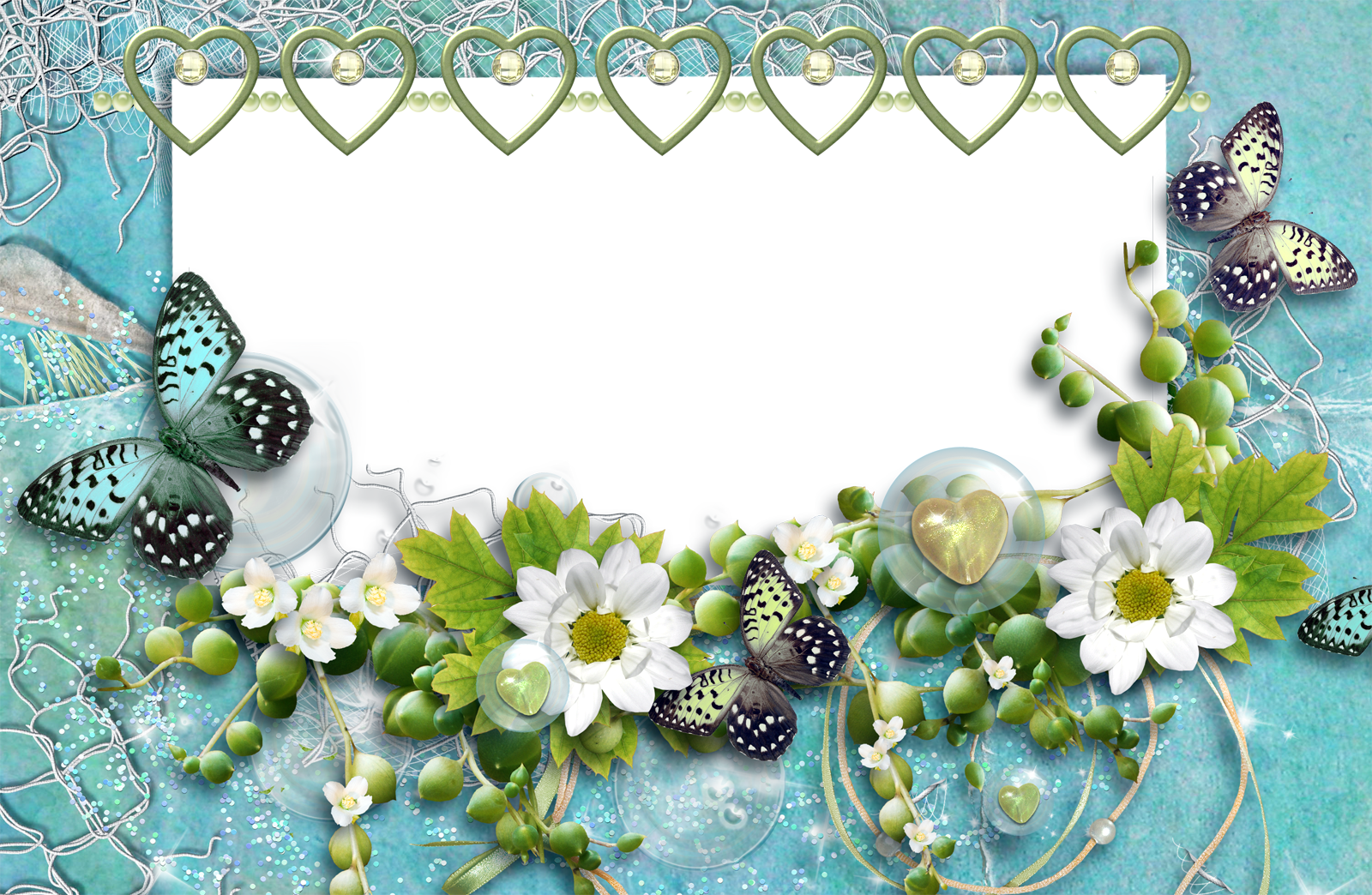 Aquamarine Transparent Frame With Butterflies Hearts - Hearts And Flowers Frame (1600x1044), Png Download