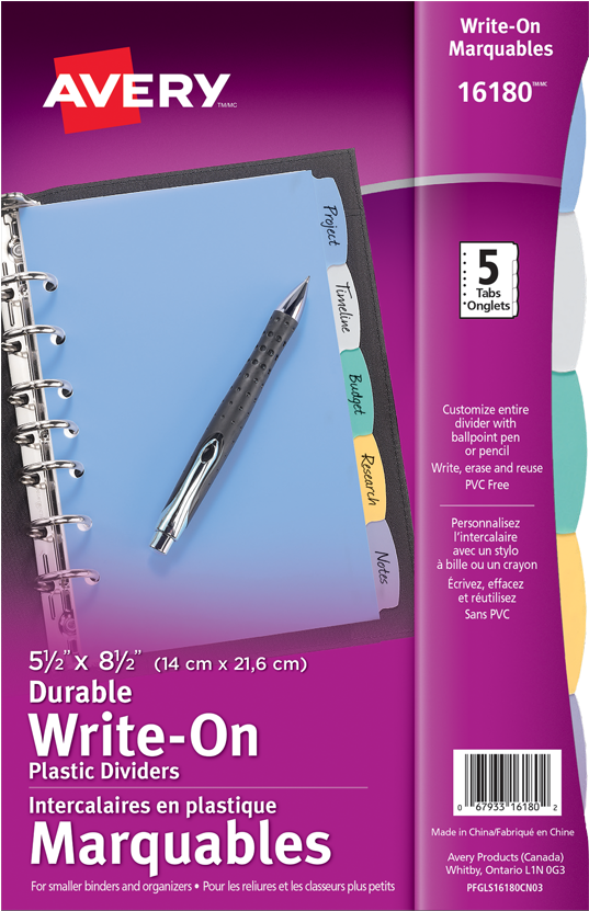 Avery® Write On Dividers 5 Tab 8 1/2" X - Avery Mini Plastic Durable Write-on Dividers, 5.5 X (850x850), Png Download