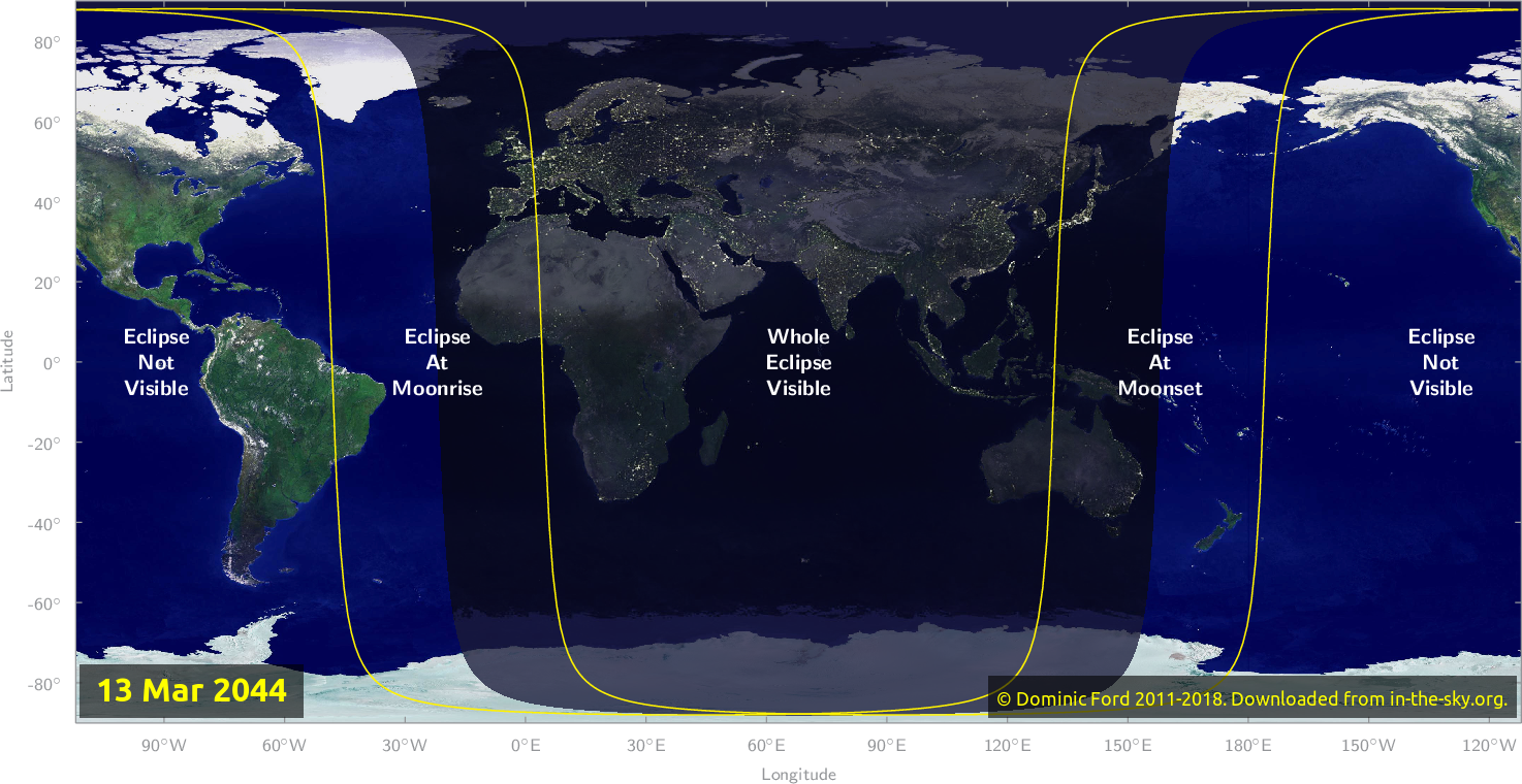Map Of Where The Eclipse Of March 2044 Will Be Visible - World Map (1474x760), Png Download
