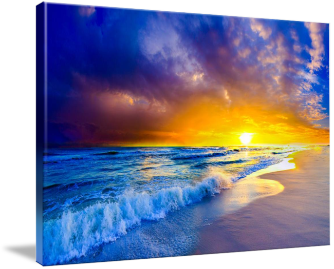 Beautiful Beach Sunset Orange Purple Ocean On Canvas - Sunset (650x525), Png Download