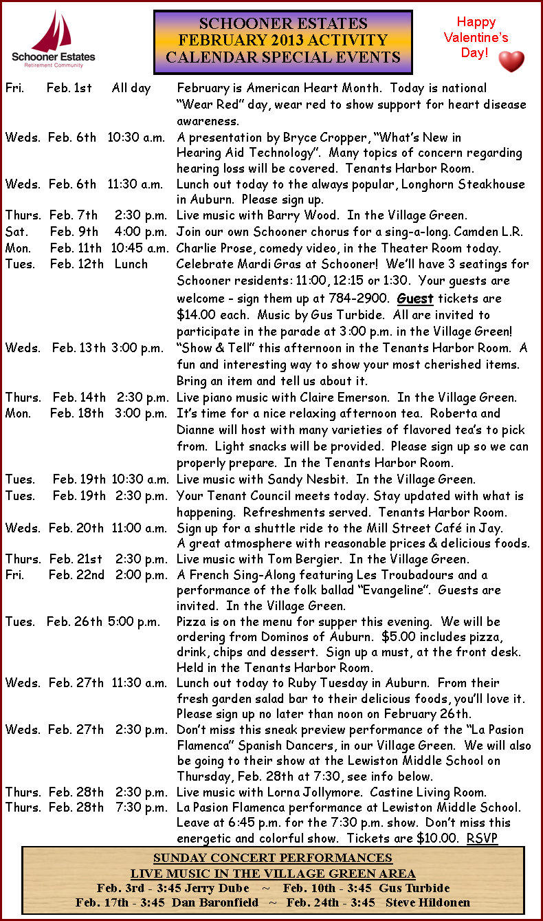 February Special Events Calendar - Schooner Estates (790x1339), Png Download